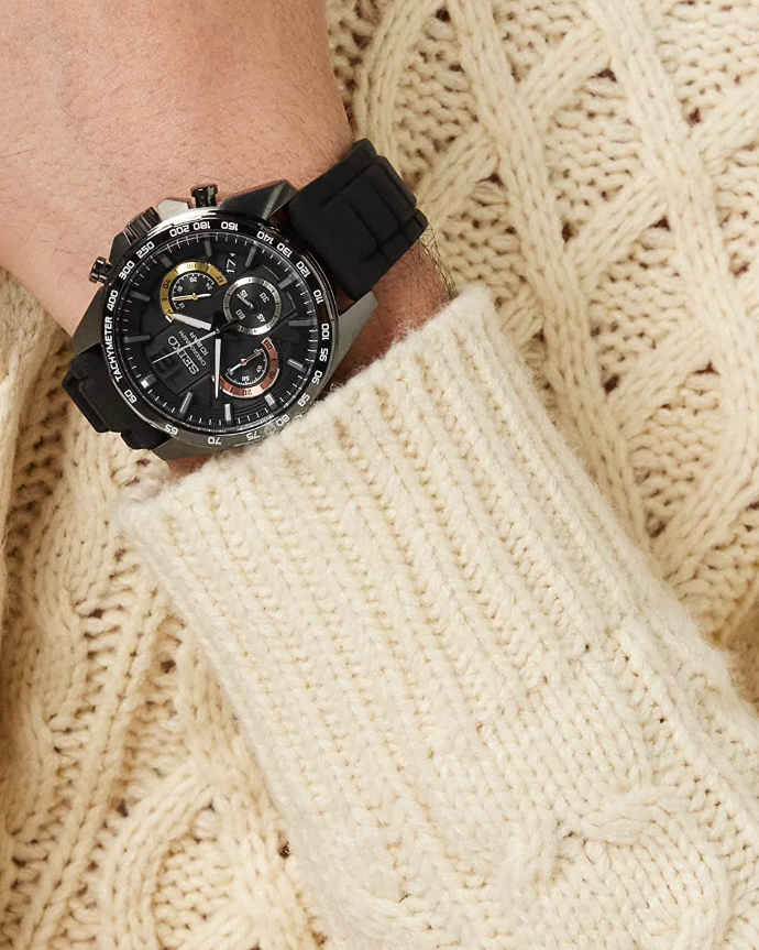 Seiko Chronograph Quartz Black Dial Black IP Stainless Steel Tachymeter Watch (SSB349P1)