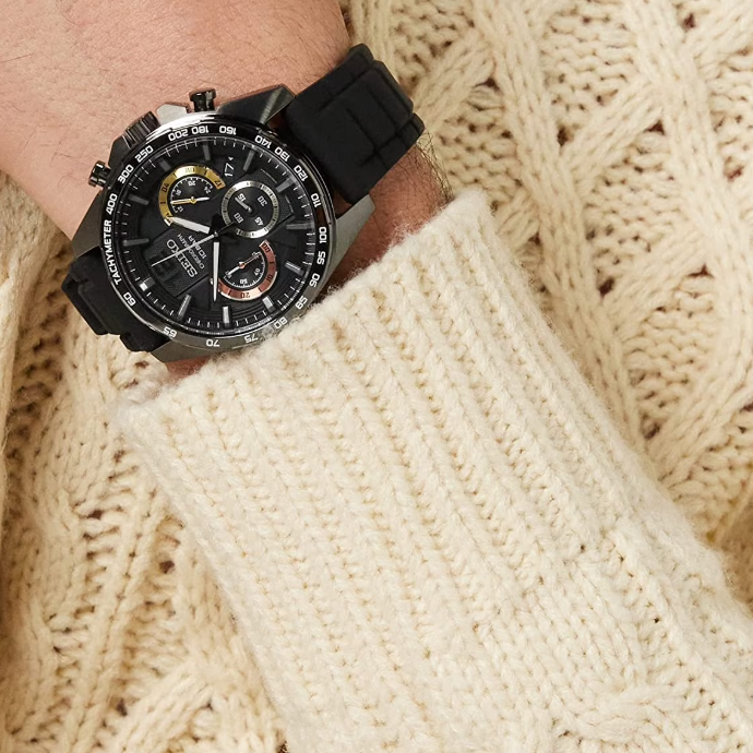 Black IP stainless steel 44mm round case with tachymeter bezel