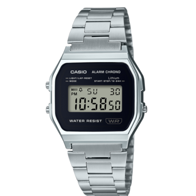 Casio A158WEA-1DF Vintage Digital Quartz Stainless Steel Watch with Black Dial