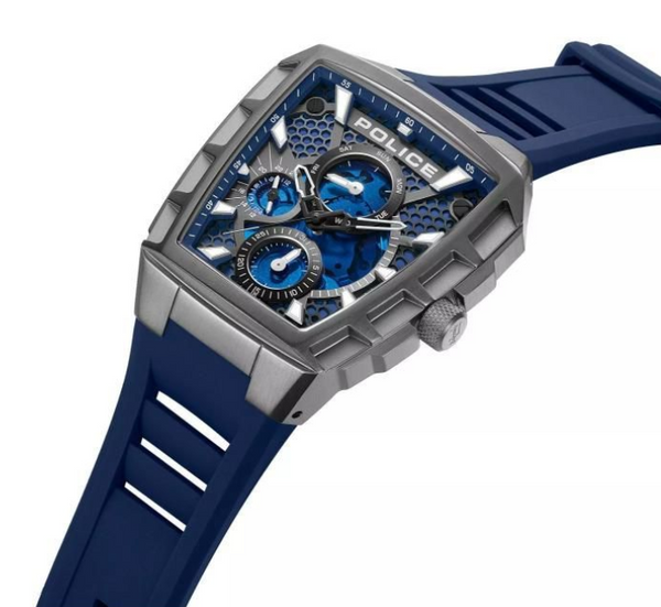Police Tough Gear Quartz Blue Dial Day-Date Grey Tonneau Case Watch (PEWGQ0056806)
