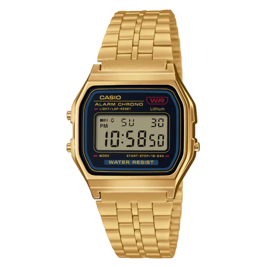 Casio VINTAGE A159WGEA-1DF front view with LCD display and gold-tone bracelet