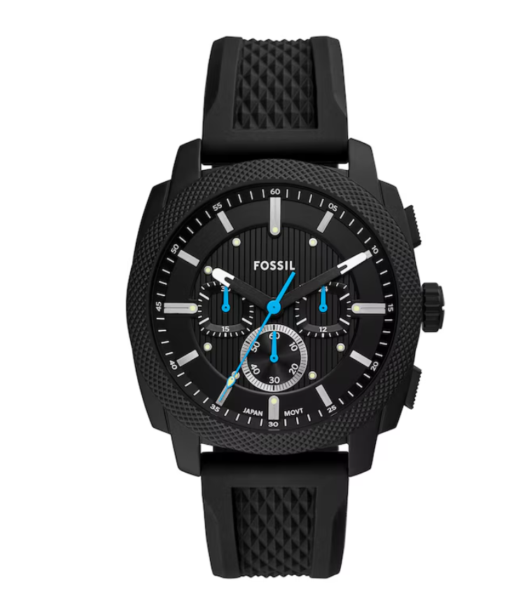 Fossil Machine FS6099 chronograph watch with 44mm cushion-shaped black case, textured black dial with blue hands, and black silicone strap