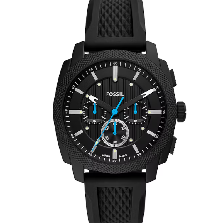 Fossil Machine FS6099 chronograph watch with 44mm cushion-shaped black case, textured black dial with blue hands, and black silicone strap