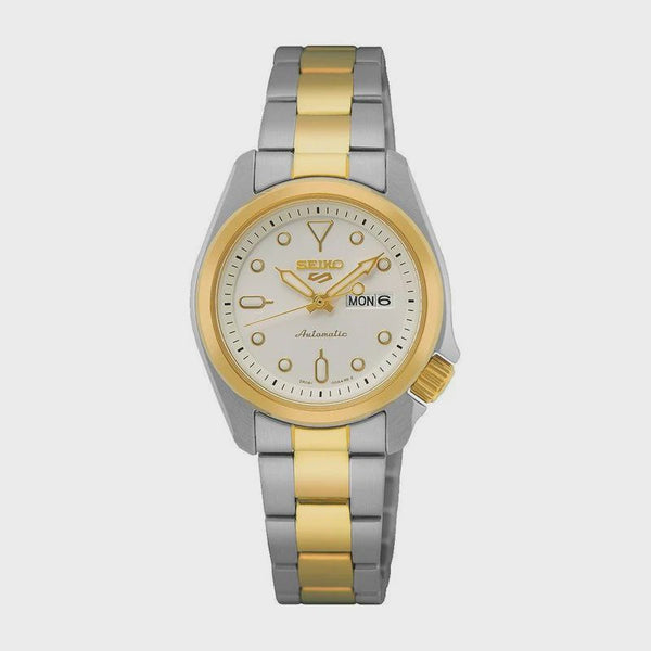 Seiko 5 Sports SRE004K1 automatic ladies watch with white dial, two-tone stainless steel bracelet, gold-tone bezel, and day-date display at 3 o'clock