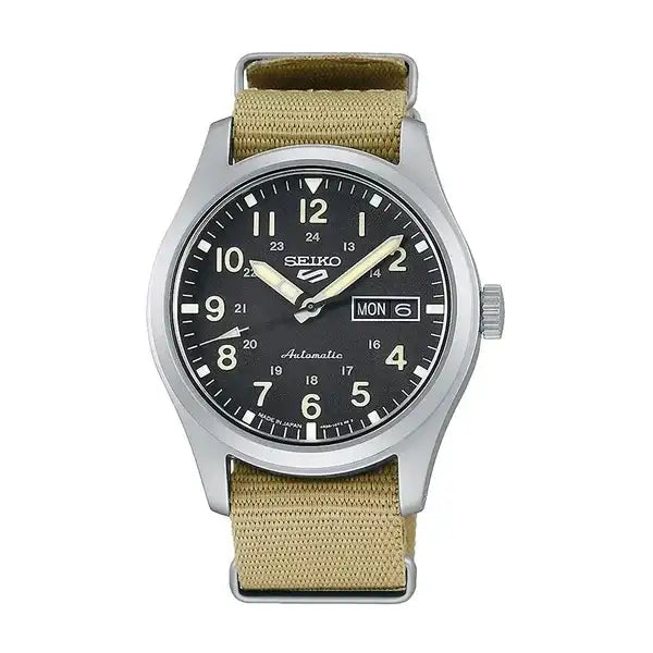 Seiko 5 Sports SRPG35K1 automatic field watch with black dial, beige NATO strap and stainless steel case