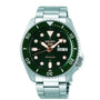 Seiko 5 Sports SRPD63K1 automatic watch with green sunray dial, unidirectional rotating bezel, and stainless steel bracelet on white background
