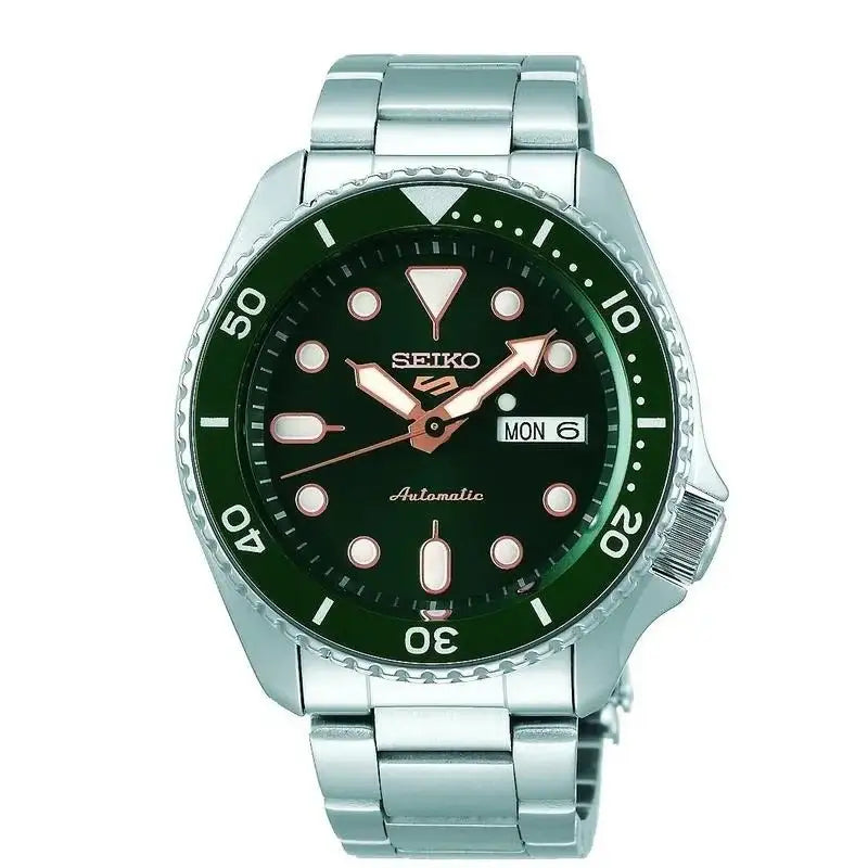 Seiko 5 Sports SRPD63K1 automatic watch with green sunray dial, unidirectional rotating bezel, and stainless steel bracelet on white background