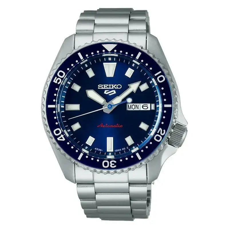 Front view of Seiko 5 Sports SRPL83K1 with blue sunburst dial