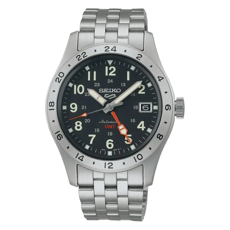 Seiko 5 Sports Field Deploy Automatic GMT SSK023K1 black dial stainless steel watch with red GMT hand and 24-hour bezel