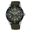 Seiko 5 Sports Field Series HDB008K1 automatic watch with khaki green dial, compass bezel, and olive nylon strap on white background
