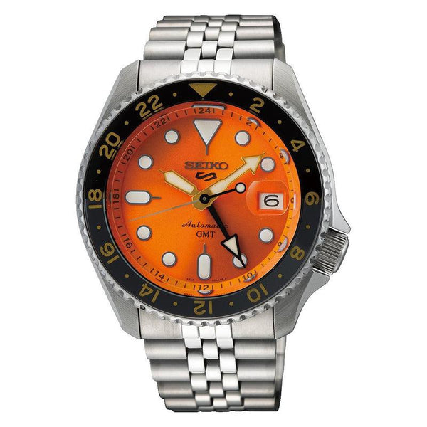 Seiko 5 Sports GMT SSK005K1 automatic watch with orange gradient dial, black and gold 24-hour bezel, and stainless steel jubilee bracelet