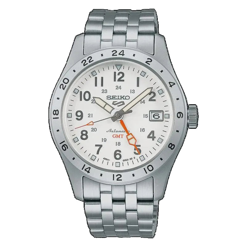 Seiko 5 Sports SSK059K1 front view showing white textured dial and orange GMT hand