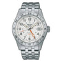 Seiko 5 Sports SSK059K1 front view showing white textured dial and orange GMT hand
