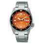 Seiko 5 Sports SRPK35K1 automatic dive watch with orange sunburst dial, black bezel, stainless steel bracelet, 38mm case