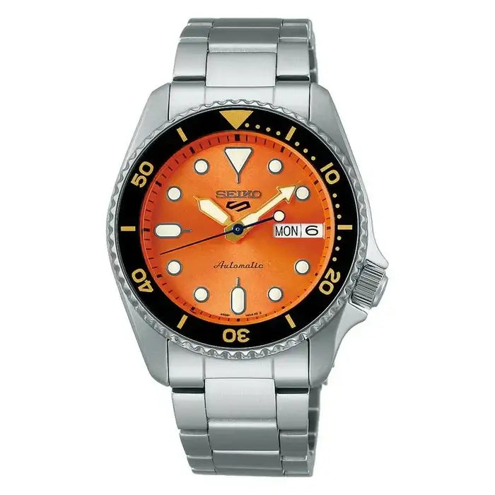 Seiko 5 Sports SRPK35K1 automatic dive watch with orange sunburst dial, black bezel, stainless steel bracelet, 38mm case