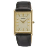 Seiko SWR106P1 rectangular gold-tone quartz watch with champagne dial and brown leather strap