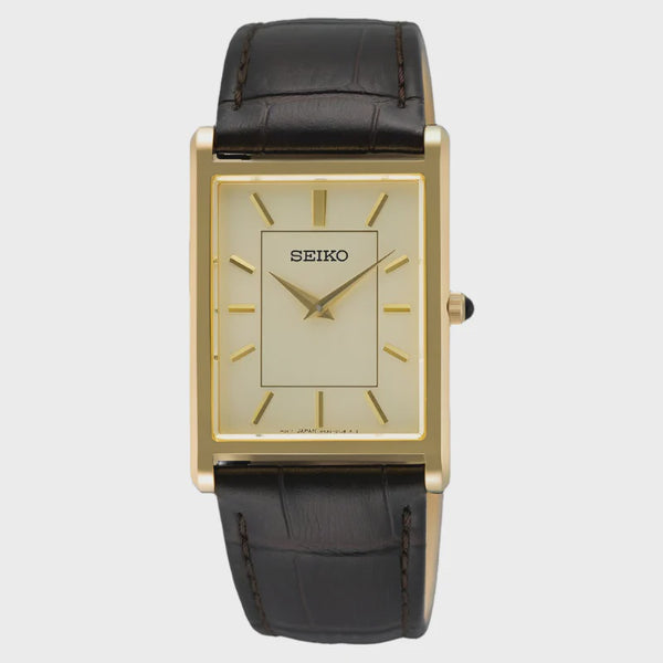 Seiko SWR106P1 rectangular gold-tone quartz watch with champagne dial and brown leather strap