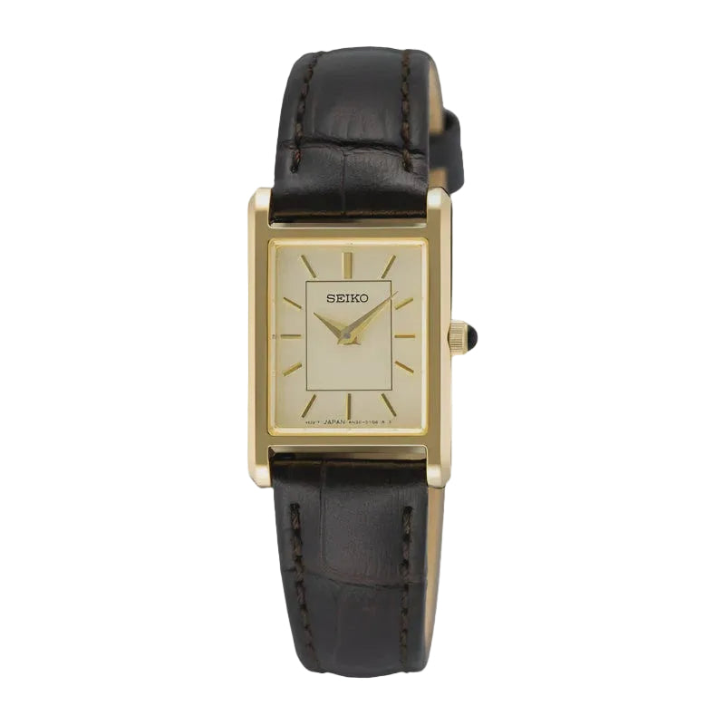 Seiko SWR110P1 rectangular ladies quartz watch with gold-tone case, champagne dial, and black leather strap