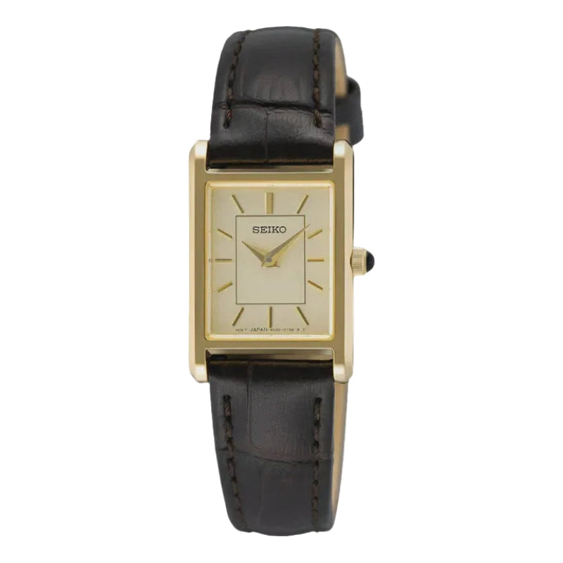 Seiko SWR110P1 rectangular champagne dial watch with gold-tone case, front view