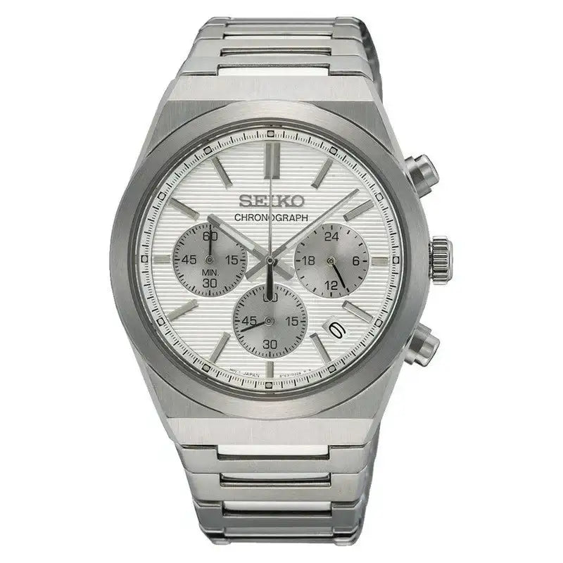Seiko Sport Chronograph SSB451P1 quartz watch with silver tapisserie dial, grey sub-dials, stainless steel integrated bracelet, and 40mm case
