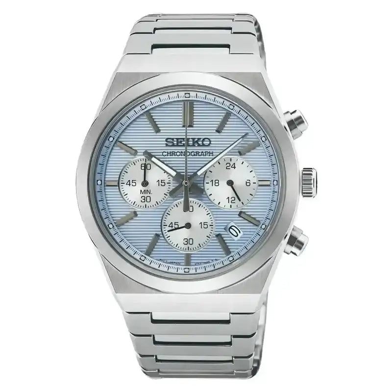 Seiko Conceptual SSB459P1 quartz chronograph watch with light blue textured dial, stainless steel case and integrated bracelet, sapphire crystal