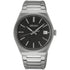 Seiko SUR557P1 watch front view showing black textured dial and baton indices