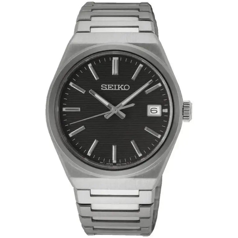 Seiko SUR557P1 watch front view showing black textured dial and baton indices