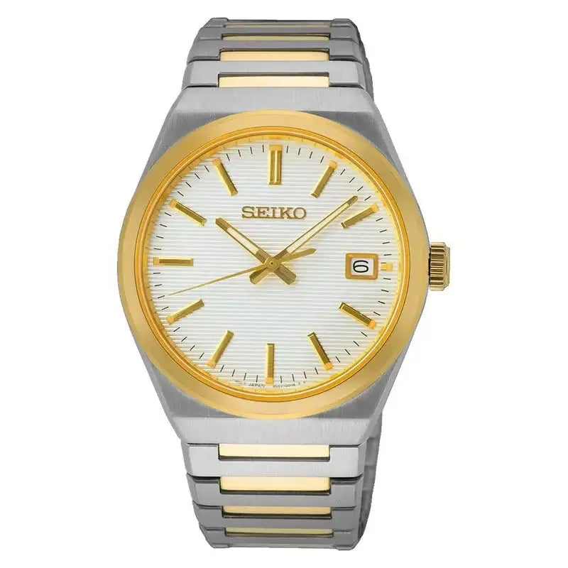 Seiko SUR558P1 front view showing white textured dial and gold-tone bezel
