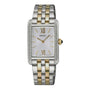 Seiko SWR093P1 rectangular watch front view with silver sunburst dial