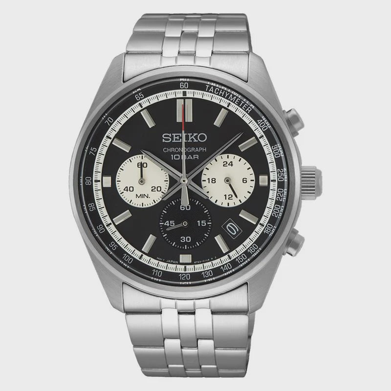 Seiko Neo Sport SSB429P1 quartz chronograph watch with black dial, off-white sub-dials, tachymetre bezel, and stainless steel bracelet