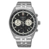 Seiko Neo Sport SSB429P1 quartz chronograph watch with black dial, off-white sub-dials, tachymetre bezel, and stainless steel bracelet