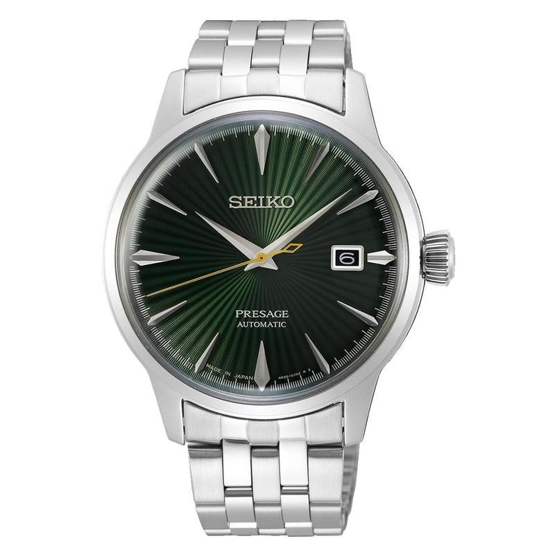 Seiko Presage Cocktail Time SRPE15J1 automatic watch with green sunburst dial and stainless steel bracelet