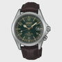 Seiko Prospex Alpinist SPB507J1 automatic watch with green dial, cream Arabic numerals, internal compass bezel, and brown leather strap
