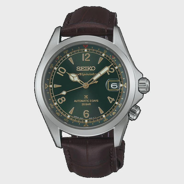 Seiko Prospex Alpinist SPB507J1 automatic watch with green dial, cream Arabic numerals, internal compass bezel, and brown leather strap