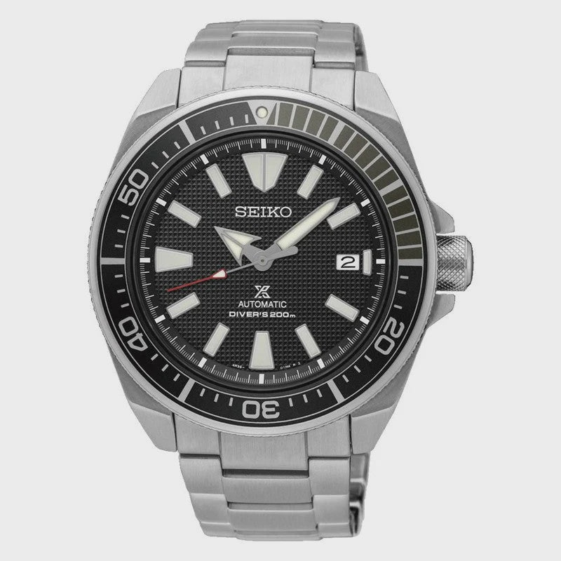 Seiko Prospex Samurai SRPF03K1 automatic diver's watch with black textured dial, stainless steel case and bracelet, unidirectional rotating bezel, and 200m water resistance