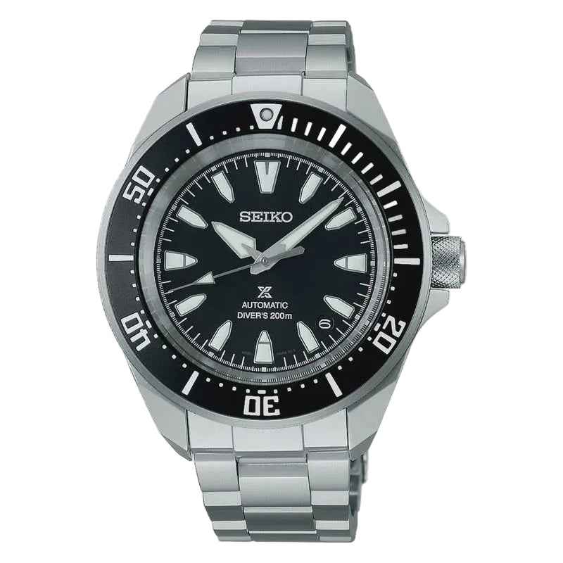 Seiko Prospex Samurai SRPL13K1 automatic diver's watch with black dial and stainless steel bracelet on white background