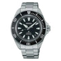 Seiko Prospex Samurai SRPL13K1 automatic diver's watch with black dial and stainless steel bracelet on white background
