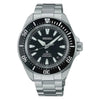 Seiko Prospex Samurai SRPL13K1 automatic diver's watch with black dial and stainless steel bracelet on white background