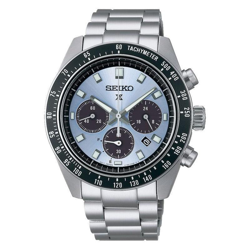Seiko Prospex Speedtimer Solar Chronograph SSC935P1 ice blue dial with charcoal sub-dials and black tachymeter bezel on stainless steel bracelet