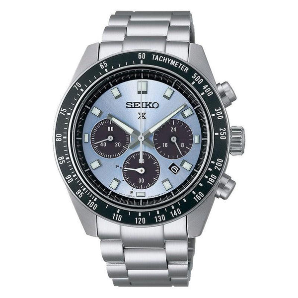 Seiko Prospex Speedtimer Solar Chronograph SSC935P1 ice blue dial with charcoal sub-dials and black tachymeter bezel on stainless steel bracelet