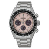 Seiko Prospex Speedtimer SSC963P1 solar chronograph watch with pale pink dial, black tachymetre bezel, and stainless steel bracelet