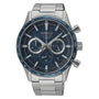 Seiko SSB445P1 Sport Chronograph quartz watch with blue textured dial, tachymeter bezel, three sub-dials, and stainless steel bracelet