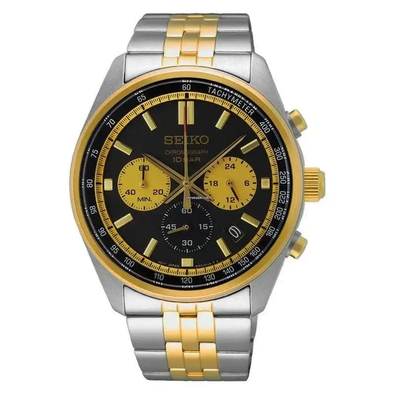 Seiko SSB430P1 quartz chronograph watch with black dial, two-tone stainless steel case and bracelet, gold sub-dials and tachymetre bezel
