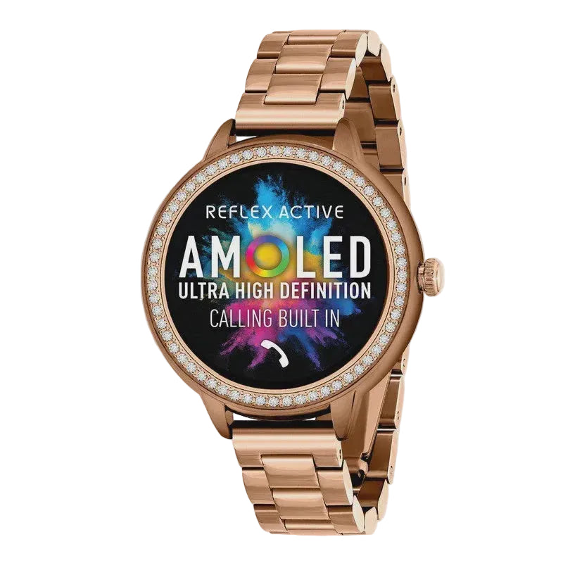 Reflex Active Series 41 AMOLED rose gold stone-set smartwatch with stainless steel bracelet and Bluetooth calling on white background