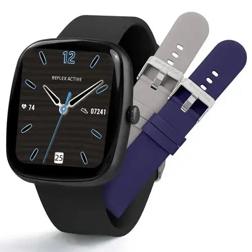 Reflex Active Series 50 black smart calling watch with cushion case and three interchangeable silicone straps in black grey navy blue
