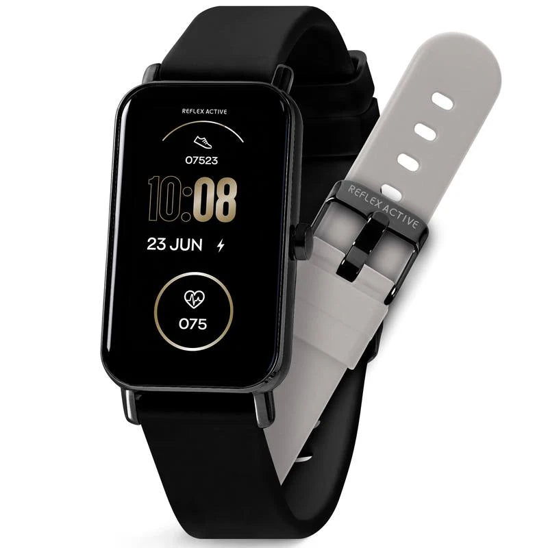 Reflex Active Series 53 black smart calling watch with 1.45 inch touchscreen displaying fitness metrics, shown with interchangeable black and grey silicone straps