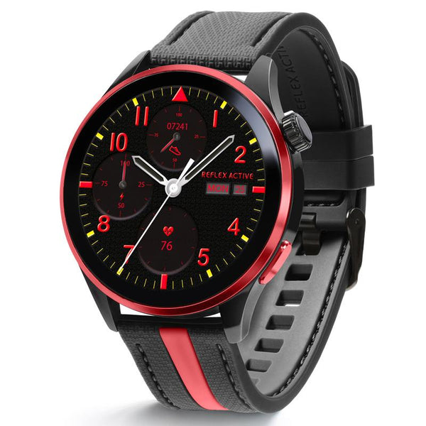 Reflex Active Series 54 AMOLED GPS smartwatch with black dial, red bezel, yellow accents, and black silicone strap with red stripe - RA54-2236
