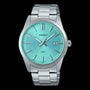 Casio MTP-VD03D-2A3UDF quartz watch with turquoise dial and stainless steel bracelet on black background