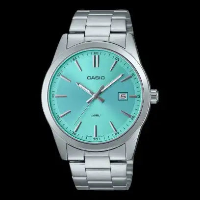 Casio MTP-VD03D-2A3UDF quartz watch with turquoise dial and stainless steel bracelet on black background