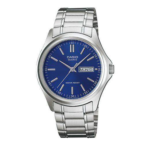 Casio MTP-1239D-2ADF quartz watch with blue sunray dial and stainless steel bracelet